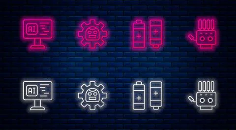Set line Robot, Battery, Software and Mechanical robot hand. Glowing neon icon 스톡 일러스트