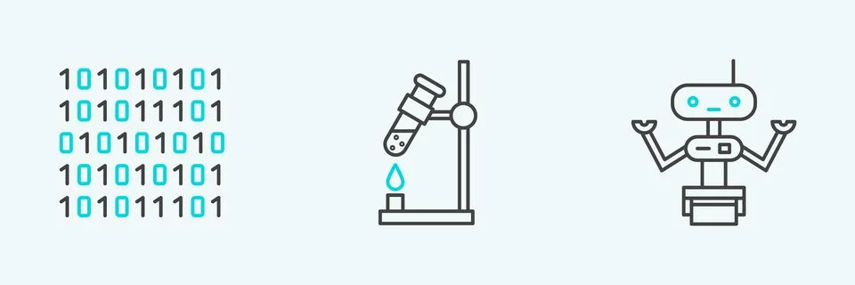 Set line Robot, Binary code and Test tube flask on fire icon. Vector Stock Illustration