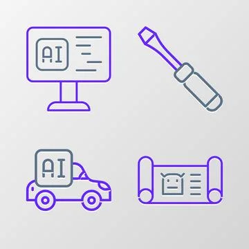 Set line Robot blueprint, Autonomous smart car, Screwdriver and Software icon Ilustración de archivo