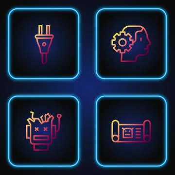 Set line Robot blueprint, Broken robot, Electric plug and Humanoid. Gradient Illustrazione stock