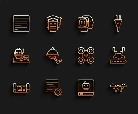 Set line Robot blueprint, Computer api interface, Drone, Waiter robot, Robotic イラスト素材