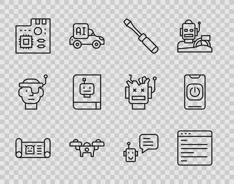 Set line Robot blueprint, Computer api interface, Screwdriver, Drone, Mothe.. Stock Illustration