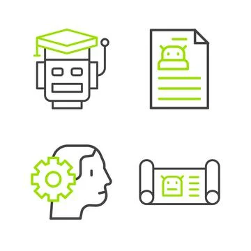 Set line Robot blueprint, Humanoid robot, Technical specification and  icon.  Stock Illustration