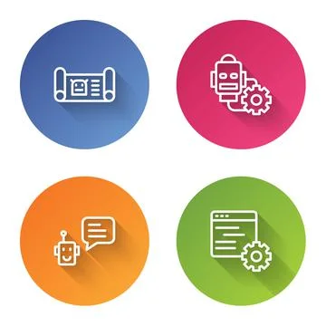 Set line Robot blueprint, setting, Bot and Computer api interface. Color circle イラスト素材