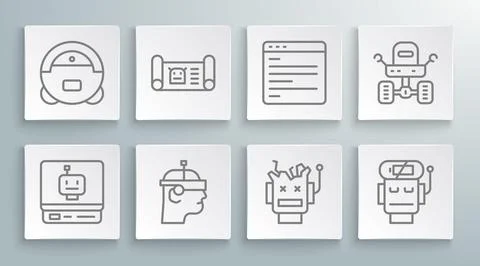 Set line Robot, blueprint, Smart glasses, Broken robot, low battery charge Stock Illustration