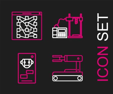Set line Robot, Bot, 3D printer and Global technology or social network icon Stock Illustration