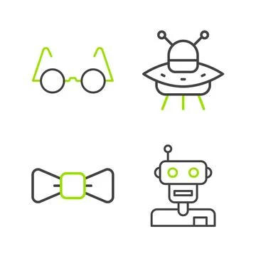 Set line Robot, Bow tie, UFO flying spaceship and Eyeglasses icon. Vector Stock Illustration