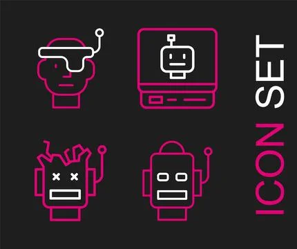 Set line Robot, Broken robot, and Smart glasses icon. Vector Stock Illustration
