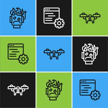 Set line Robot burned out, Drone and Computer api interface icon. Vector イラスト素材