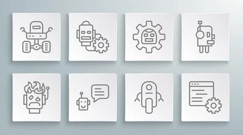 Set line Robot burned out, setting, Bot, Computer api interface, and Mars rover Stock Illustration