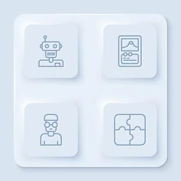 Set line Robot, Card game, Nerd geek and Piece of puzzle. White square button Illustrazione stock