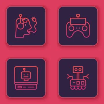 Set line Robot charging battery, , Remote control and . Blue square button Stock Illustration