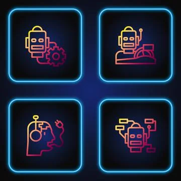Set line Robot, charging battery, setting and humanoid driving car. Gradient Illustrazione stock