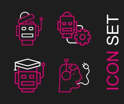 Set line Robot charging battery, setting and icon. Vector Stock Illustration
