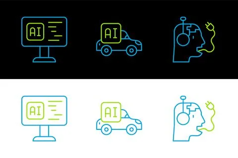 Set line Robot charging battery, Software and Autonomous smart car icon. Vect Stock Illustration