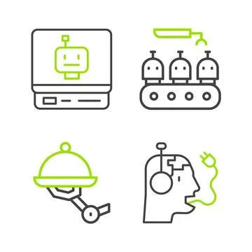 Set line Robot charging battery, Waiter robot, Industrial production of rob.. Stock Illustration