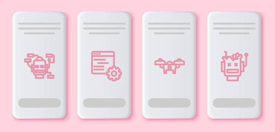 Set line Robot, Computer api interface, Drone and Broken robot. White rectangle 스톡 일러스트