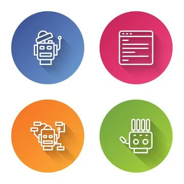 Set line Robot, Computer api interface, and Mechanical robot hand. Color circle Stock Illustration