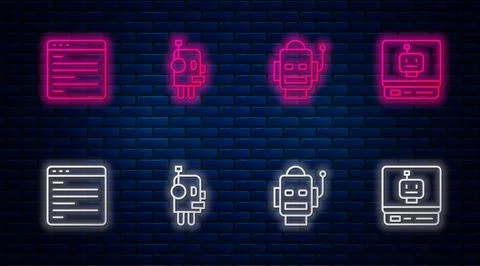 Set line Robot, , Computer api interface and . Glowing neon icon on brick wall イラスト素材