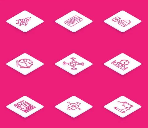 Set line Robot, Computer api interface, Smart home, vacuum cleaner, Drone flying Illustrazione stock