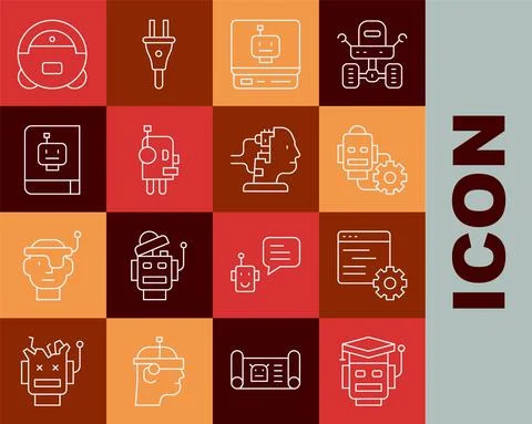 Set line Robot, Computer api interface, setting, User manual, vacuum cleaner and 스톡 일러스트