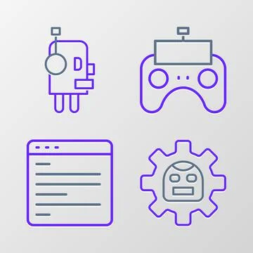 Set line Robot, Computer api interface, Remote control and icon. Vector Illustrazione stock