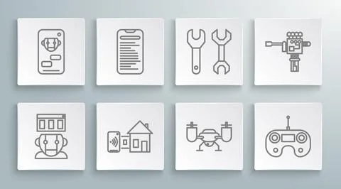 Set line Robot, Computer api interface, Smart home, Drone flying with action 스톡 일러스트