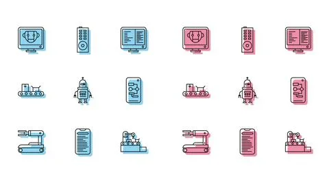 Set line Robot, Computer api interface, Bot, Factory conveyor system belt, .. Illustration