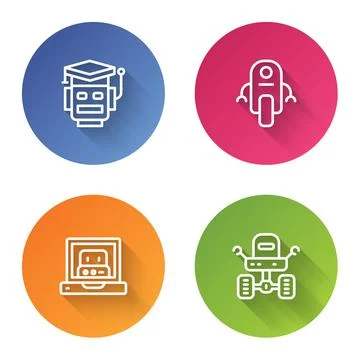 Set line Robot, , Creating robot and Mars rover. Color circle button. Vector Illustrazione stock