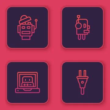 Set line Robot, Creating robot, and Electric plug. Blue square button. Vector Illustrazione stock