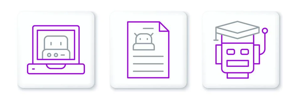 Set line Robot, Creating robot and Technical specification icon. Vector Stock Illustration