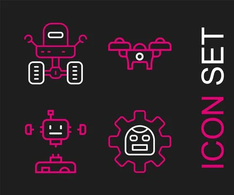 Set line Robot, Disassembled robot, Drone and Mars rover icon. Vector Stock Illustration
