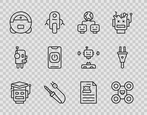 Set line Robot, Drone, Artificial intelligence, Soldering iron, vacuum cleaner Illustrazione stock
