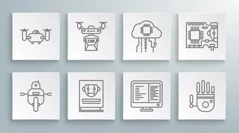 Set line Robot, Drone delivery concept, User manual, Computer monitor screen Stock Illustration
