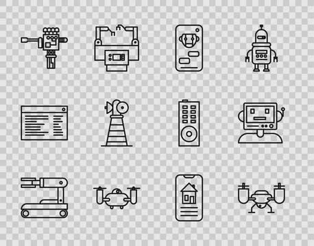 Set line Robot, Drone flying with action camera, Bot, Mechanical robot hand and Ilustración de archivo