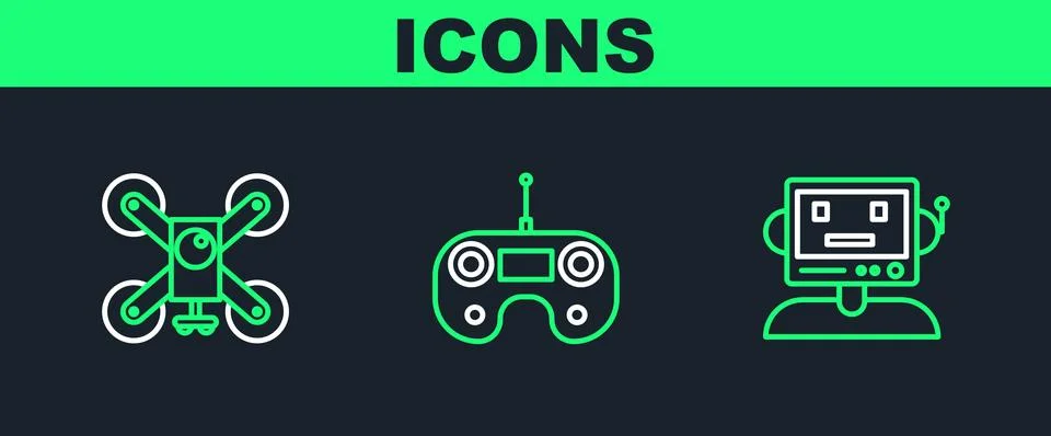 Set line Robot, Drone flying with action camera and Remote control icon. Vect Stock Illustration