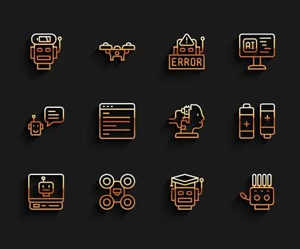 Set line Robot, Drone, low battery charge, Mechanical robot hand, Computer api Stock Illustration