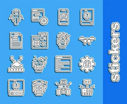 Set line Robot, Drone, Turn off robot from phone, Motherboard digital chip,.. Stock Illustration