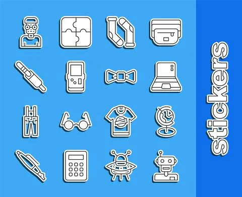 Set line Robot, Earth globe, Laptop, Socks, Tetris, Audio jack, Nerd geek and Illustrazione stock