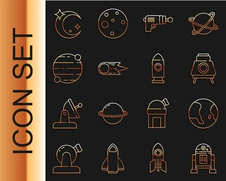 Set line Robot, Earth globe, Mars rover, Ray gun, Comet falling down fast, .. Stock-Illustration