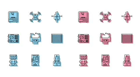 Set line Robot, Electronic computer components motherboard digital chip, 3D p Illustrazione stock