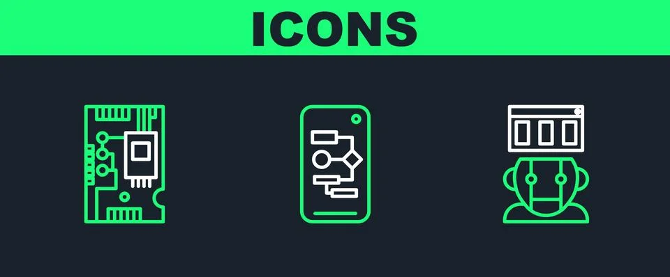 Set line Robot, Electronic computer components motherboard digital chip and Illustration