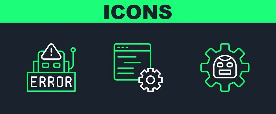 Set line Robot, Error in robot and Computer api interface icon. Vector 스톡 일러스트
