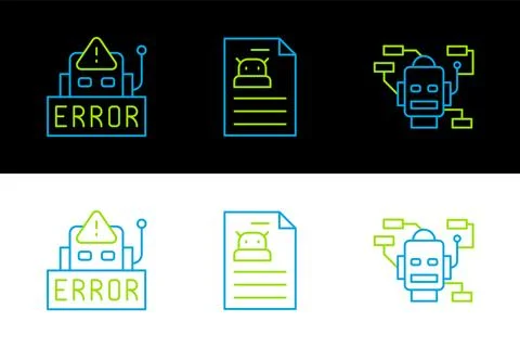 Set line Robot, Error in robot and Technical specification icon. Vector Stock Illustration