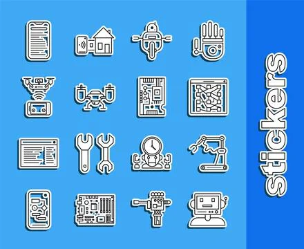 Set line Robot, Global technology social network, Drone flying with action Illustrazione stock