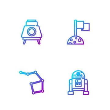 Set line Robot, Great Bear constellation, Mars rover and Moon with flag Ilustração Stock