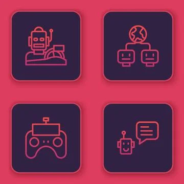 Set line Robot humanoid driving a car, Remote control, Artificial intelligence Stock Illustration