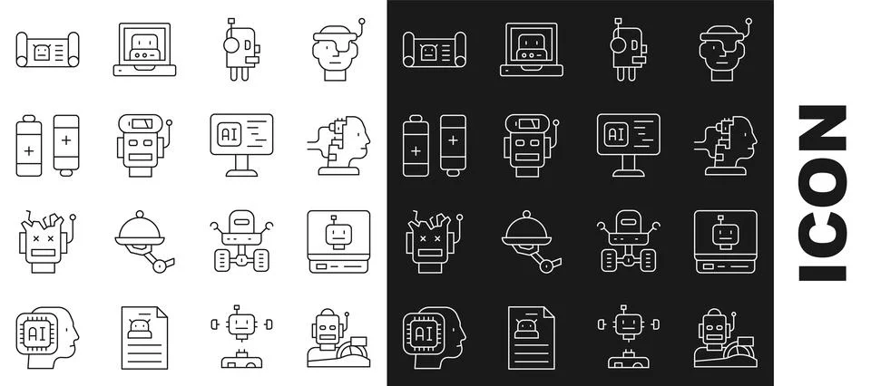 Set line Robot humanoid driving a car, for maintenance, low battery charge Stock-Illustration