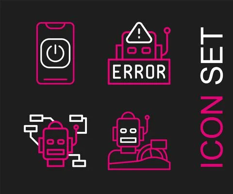 Set line Robot humanoid driving a car, Error robot and Turn off from phone icon Ilustración de archivo