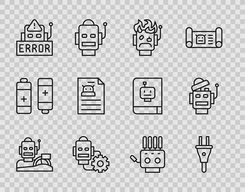 Set line Robot humanoid driving a car, Electric plug, burned out, setting, Error 스톡 일러스트